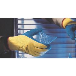 CUT RESISTANTGLOVES,SIZE 9,BLUE/YELLOW,HEAVY,  NATURAL RUBBER LATEX/KEVLAR